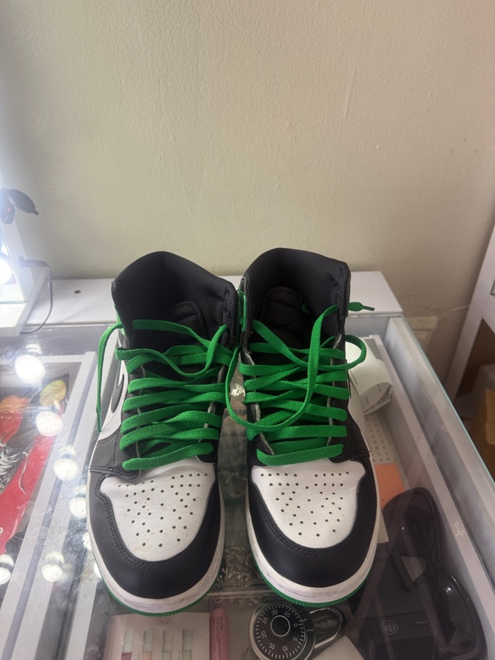 Nike Kids Black and White High-Tops with Green Laces